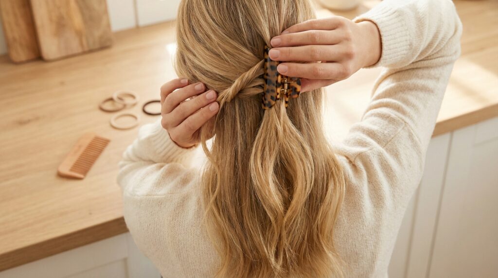 Heatless Hair Ideas for the Gym (No Crease Ponytails) 27 The Claw Clip Half-Up